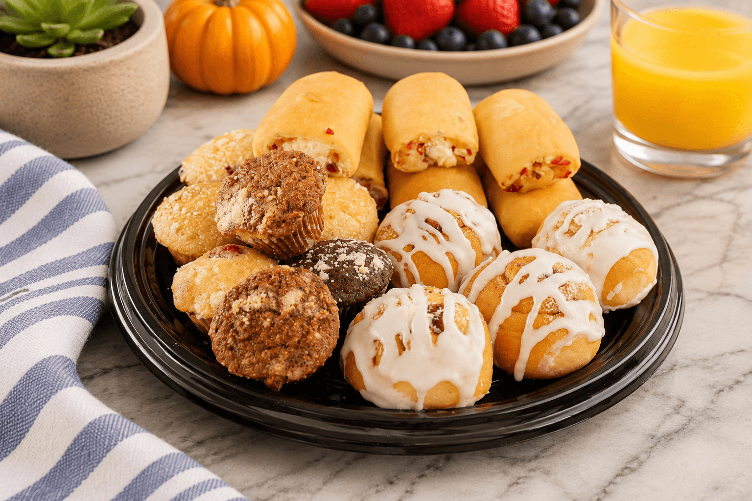A tray of mini kolaches, muffins, and glazed pastries with fruit and orange juice
